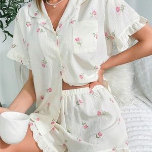 Floral Print Ruffle Trim PJ Set